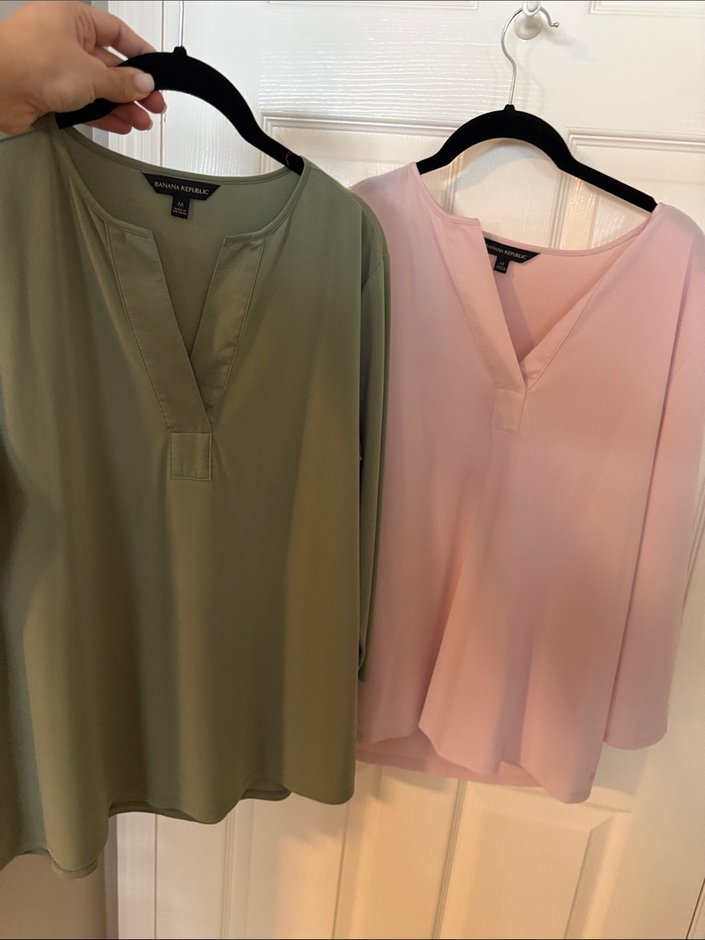 Banana Republic Split-Neck Tunics in Olive Green and Pale Pink